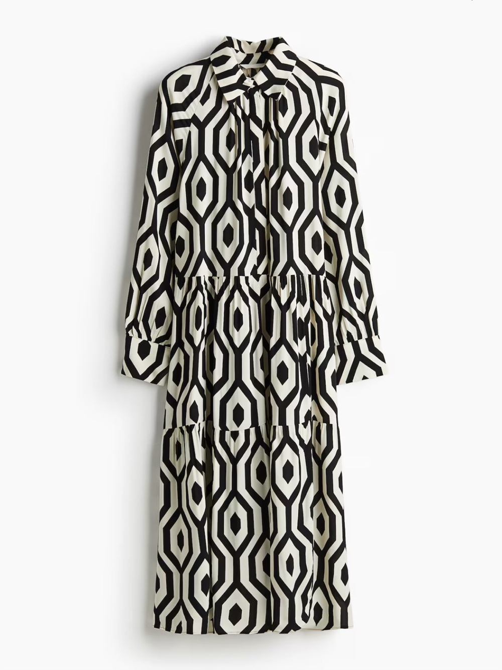 H&M Black & White geo print Maxi Dress Long Sleeve Button Front Size Small